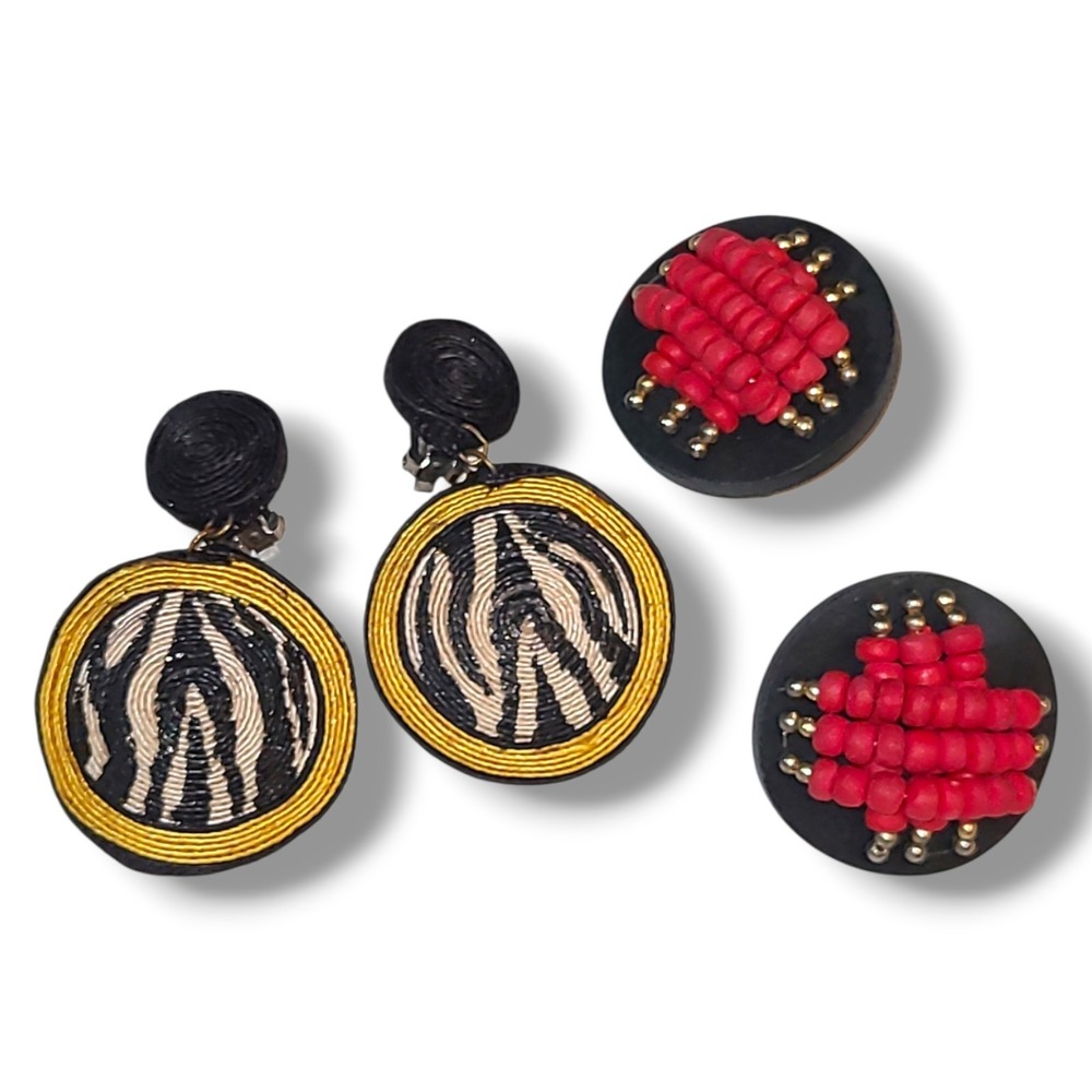 Lot 2 Vintage Clip On Earrings Beaded Red Black Gold Zebra Disc Statement